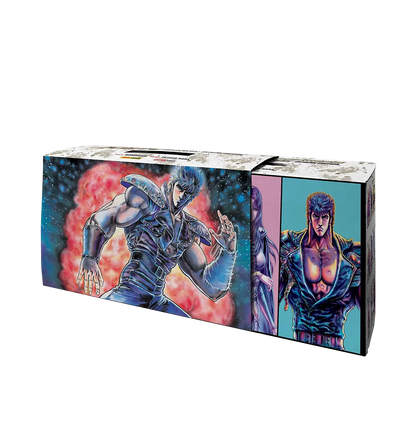 Cofanetto raccoglitore di Ken Il Guerriero Extreme Edition; il box lungo mostra illustrazioni a colori di Kenshiro in posa di combattimento su sfondo rosso cosmico e in posa statica su sfondo azzurro.