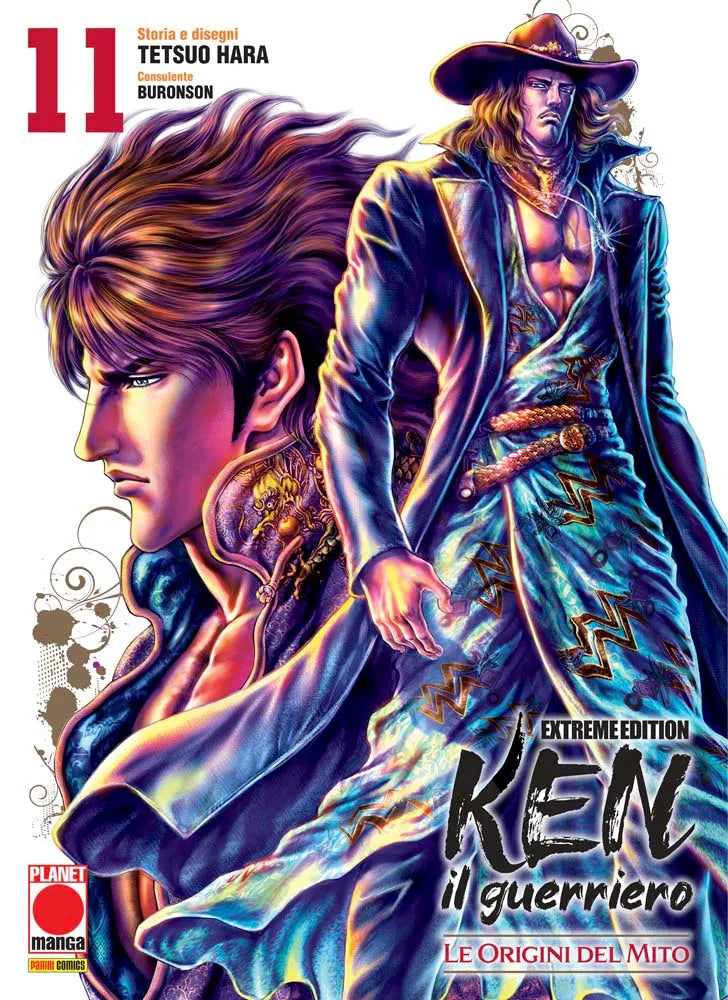 Copertina dell'undicesimo volume della riedizione 'Ken Il Guerriero: Le Origini Del Mito Extreme Edition' di Tetsuo Hara e Buronson, edita da Panini Planet Manga. L'illustrazione mostra in primo piano a sinistra il profilo di Kenshiro Kasumi dai toni violacei e lo sguardo fiero, affiancato a destra dal maestro Yasaka a figura intera con cappello a tesa larga, lungo soprabito e abito decorato con motivi dorati e azzurri. In alto a sinistra figura il numero 11 in rosso e in basso a destra il titolo.
