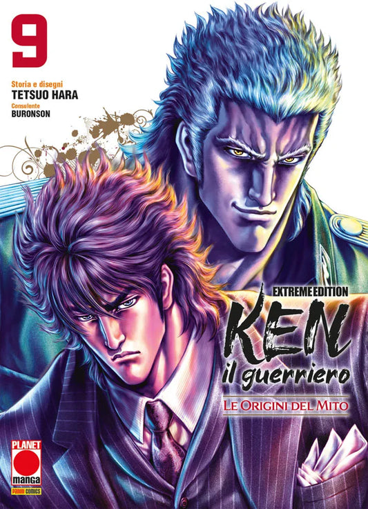 Copertina del manga Ken il Guerriero: Le Origini del Mito Extreme Edition volume 9. In primo piano è raffigurato il protagonista Kenshiro Kasumi con uno sguardo serio e penetrante, i capelli castano-violacei spettinati, vestito con un elegante abito gessato scuro, camicia bianca e cravatta. Subito dietro di lui emerge la figura imponente di un uomo dai folti capelli corti di colore azzurro-argento, caratterizzato da uno sguardo fiero e un sorriso accennato. In basso a destra spicca il titolo del fumetto.