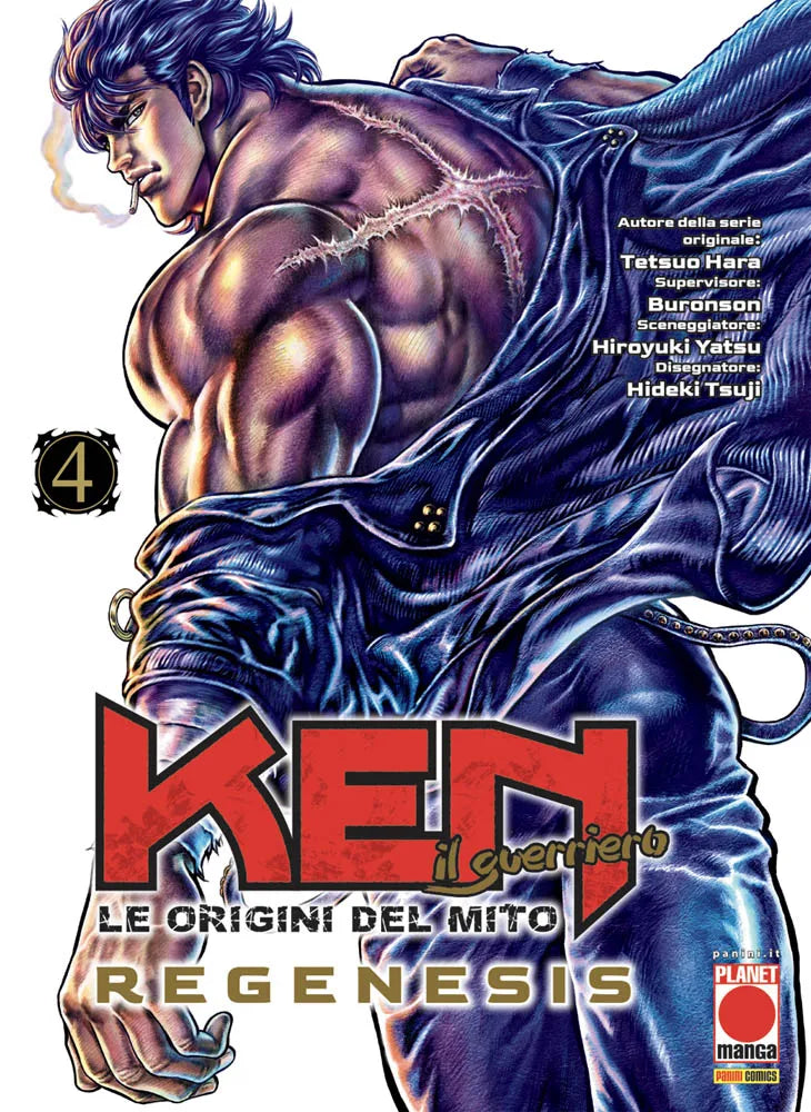 Copertina del quarto volume in italiano del manga 'Ken Il Guerriero: Le Origini Del Mito - Regenesis' di Hiroyuki Yatsu, Hideki Tsuji, Tetsuo Hara e Buronson, edito da Panini Planet Manga. L'illustrazione mostra l'imponente schiena muscolosa di Kenshiro Kasumi con una vistosa e profonda cicatrice a forma di croce, mentre tiene una sigaretta tra le labbra e si sistema la giacca scura. Sulla sinistra figura il numero 4 racchiuso in un'icona circolare.