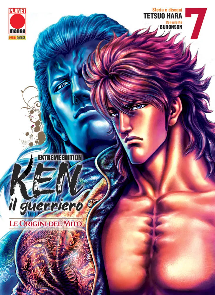 Copertina del manga Ken Il Guerriero: Le Origini Del Mito Extreme Edition volume 7. In primo piano Kenshiro Kasumi con capelli viola, alle sue spalle un'altra figura su sfondo blu.