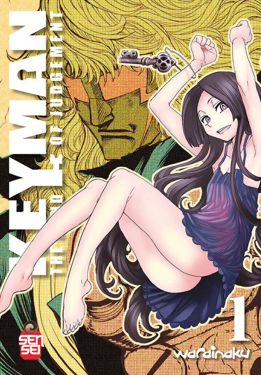 Copertina del manga Keyman - The Hand Of Judgement Vol. 1. In primo piano, una ragazza dai lunghi capelli scuri e abito corto fluttua sorridendo mentre stringe una grossa chiave decorata. Sullo sfondo, in netto contrasto, campeggia il volto stilizzato e severo di un uomo dai tratti bestiali, realizzato con un effetto a retino (screentone) nei toni del giallo e del verde.