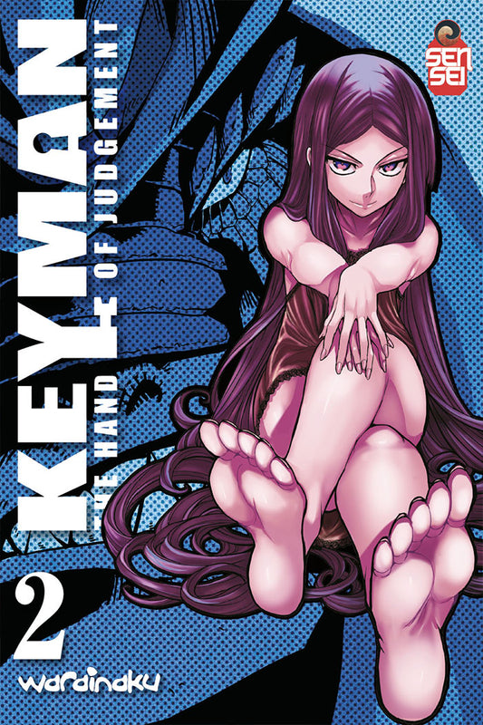 Copertina del manga Keyman - The Hand of Judgement Vol. 2 (Manga Senpai). In primo piano una ragazza con lunghi capelli viola e grandi occhi viola seduta su uno sfondo a puntini azzurro.