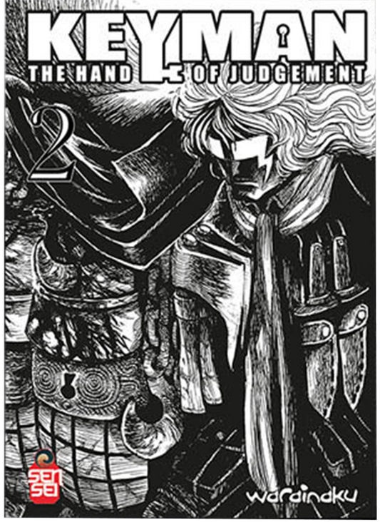 Copertina in bianco e nero della "Powerful Variant" di Keyman - The Hand of Judgement Vol. 2. Illustrazione dettagliata in stile noir di un personaggio dai lunghi capelli chiari.