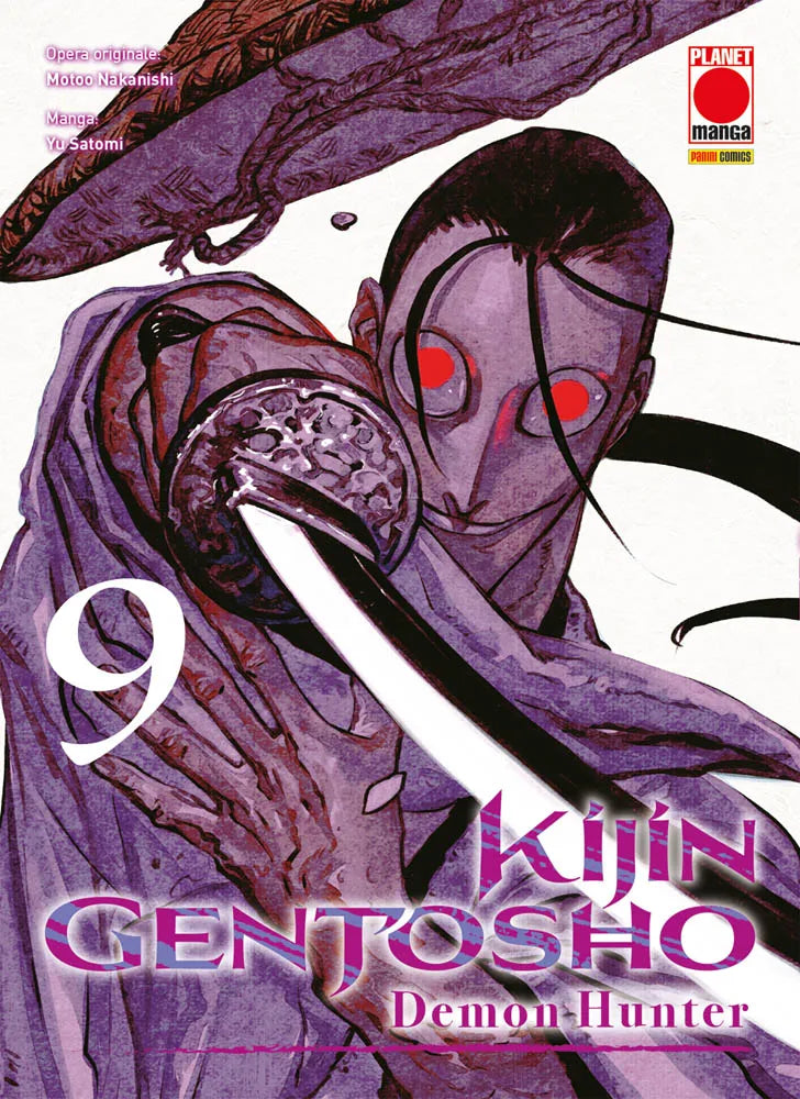 Copertina del nono volume in italiano del manga 'Kijin Gentosho - Demon Hunter' di Motoo Nakanishi e Yu Satomi, edito da Panini Planet Manga. L'illustrazione mostra in primo piano una figura inquietante dagli occhi rossi incandescenti, vestita con abiti viola e intenta a impugnare una katana con guardia lavorata.