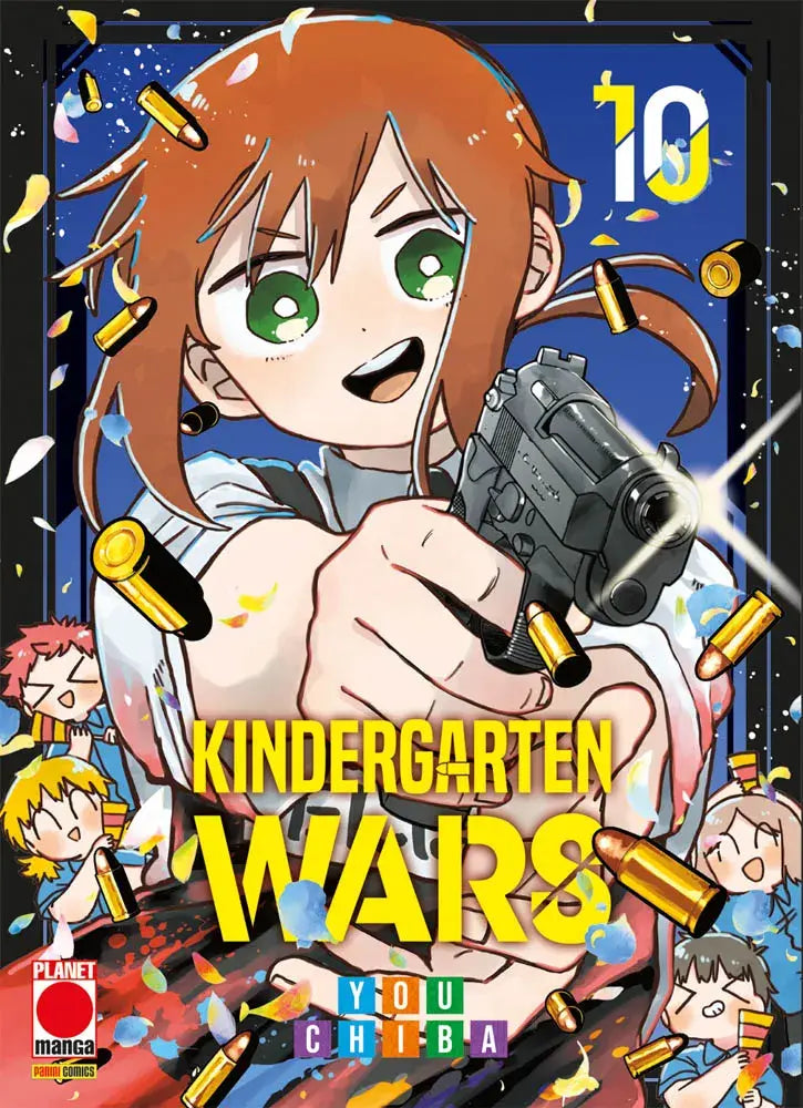 Copertina del manga Kindergarten Wars volume 10. Una ragazza con capelli castani e grandi occhi verdi impugna una pistola mentre intorno a lei volano bossoli dorati.