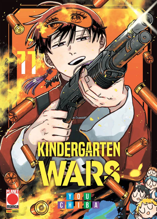 Copertina del manga Kindergarten Wars volume 11. In primo piano un ragazzo dall'aria assonnata sorride rilassato mentre imbraccia un fucile a pompa, con una mascherina per dormire arancione sollevata sulla fronte. Intorno a lui volano numerosi bossoli rossi in mezzo a fiamme ed esplosioni, mentre in basso a destra fanno capolino i buffi volti dei bambini dell'asilo.