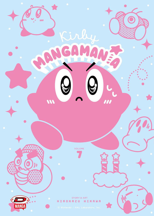 Copertina del manga Kirby Mangamania Vol. 7 (Dynit Manga). Kirby rosa con uno sguardo determinato e arrabbiato su uno sfondo azzurro pastello pieno di stelle e piccoli amici.