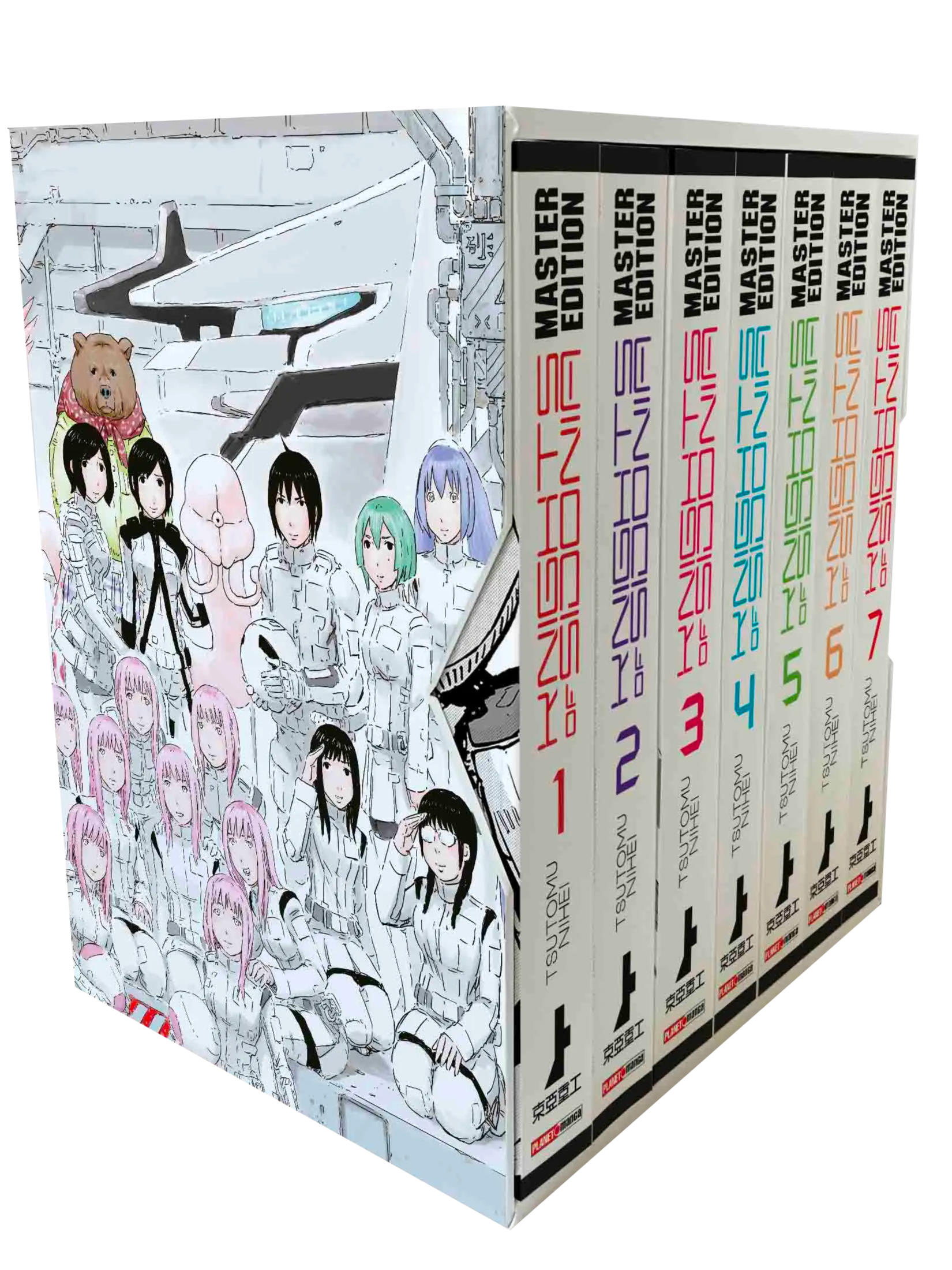 Cofanetto da collezione del manga Knights of Sidonia - Master Edition, edito da Panini Planet Manga, inquadrato di tre quarti su sfondo nero. Il robusto box illustrato contiene sette massicci volumi. Sul lato visibile del cofanetto è raffigurato un folto gruppo di personaggi in tute spaziali bianche, tra cui spiccano in basso numerosi cloni femminili dai corti capelli rosa, un ragazzo che regge un casco, un orso antropomorfo con una sciarpa rossa e una strana creatura aliena rosata.