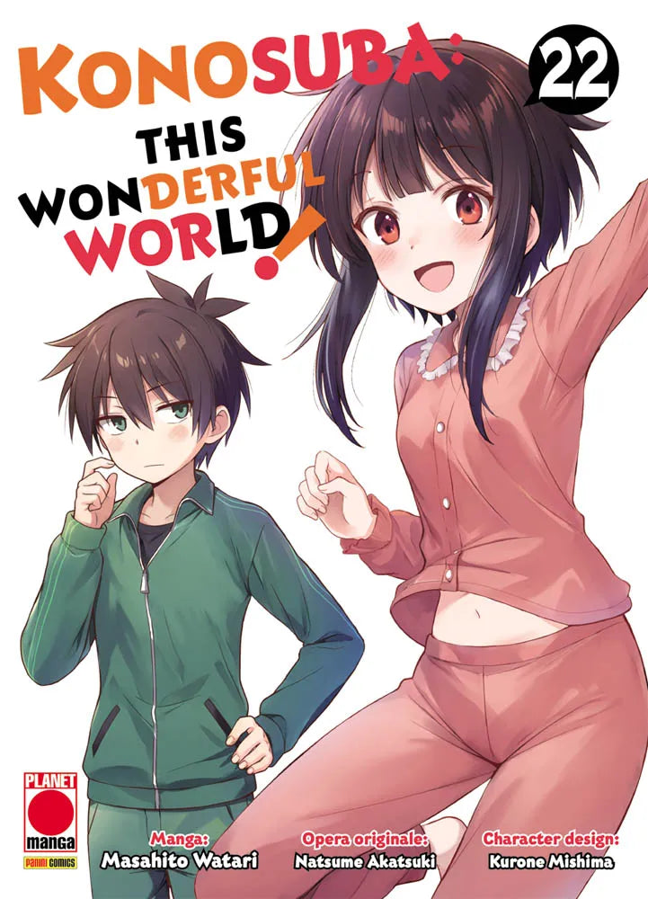 Copertina del ventiduesimo volume del manga 'Konosuba! – This Wonderful World!' edito da Planet Manga. L'illustrazione ritrae sulla destra Megumin sorridente in pigiama rosa mentre alza un braccio, affiancata a sinistra da Kazuma con tuta sportiva verde che la osserva perplesso, sormontati dal titolo 'KONOSUBA: THIS WONDERFUL WORLD!' e dal numero 22 in alto a destra.