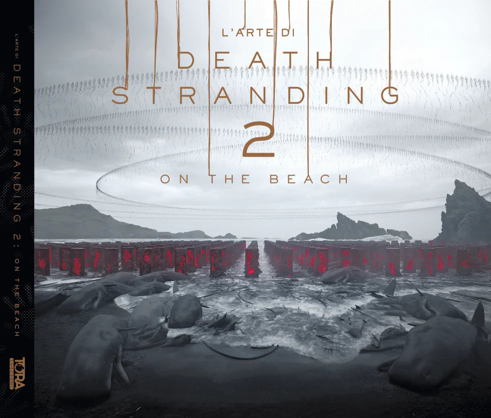 Copertina del lussuoso artbook cartonato "L'Arte di Death Stranding 2: On the Beach", pubblicato in Italia da Tora Edizioni. L'illustrazione dall'atmosfera cupa e surreale mostra una desolata spiaggia grigia bagnata da acque scure. In primo piano giacciono decine di balene spiaggiate. Al centro, emergendo dall'acqua e dalla sabbia scura, si erge una schiera ordinata di misteriosi monoliti o pilastri rettangolari che emanano un inquietante bagliore rosso.