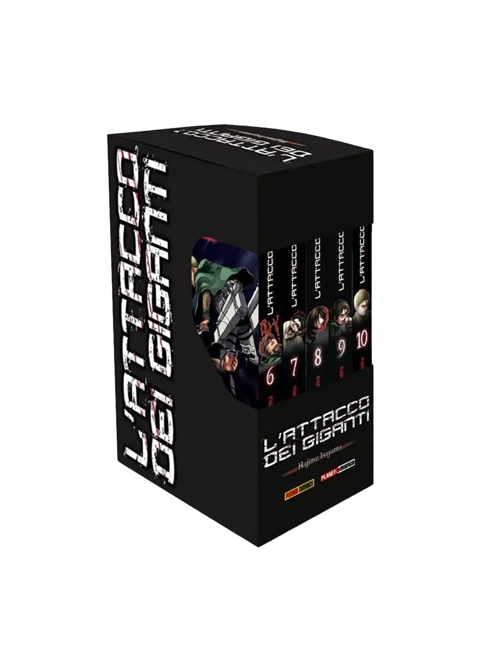 Cofanetto da collezione nero del manga L'Attacco dei Giganti (Cofanetto 2). Sul lato sono visibili le coste dei volumi dal 6 al 10 con illustrazioni dei personaggi e il logo Panini Planet Manga.