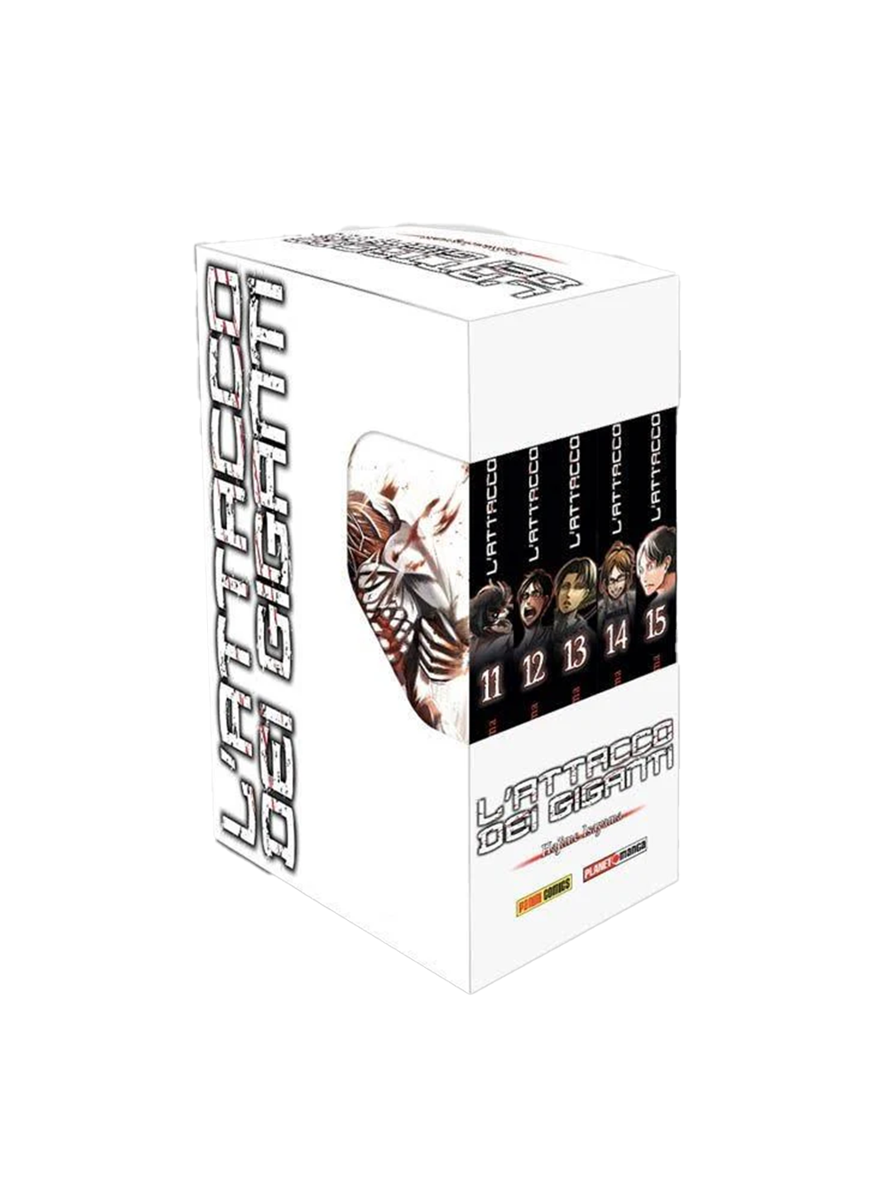 Cofanetto da collezione bianco del manga L'Attacco dei Giganti (Cofanetto 3). Sono visibili le coste dei volumi dall'11 al 15 con ritratti dei personaggi e l'illustrazione del Gigante Corazzato sul fianco.