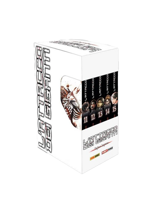 Cofanetto da collezione bianco del manga L'Attacco dei Giganti (Cofanetto 3). Sono visibili le coste dei volumi dall'11 al 15 con ritratti dei personaggi e l'illustrazione del Gigante Corazzato sul fianco.