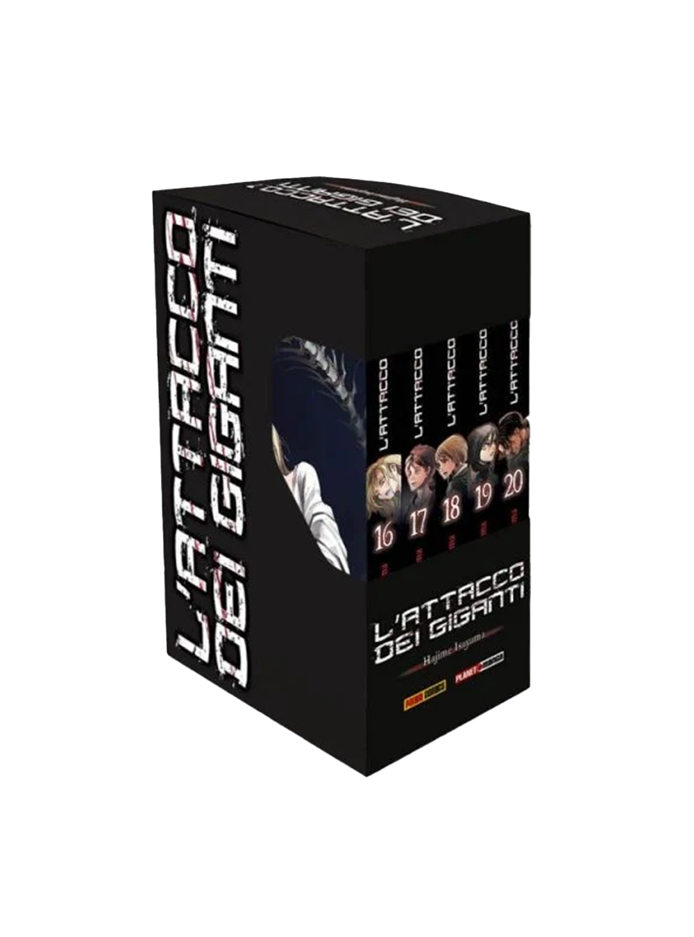 Cofanetto da collezione nero del manga L'Attacco dei Giganti (Cofanetto 4). Sono visibili le coste dei volumi dal 16 al 20 con ritratti dei personaggi.