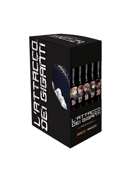 Cofanetto da collezione nero del manga L'Attacco dei Giganti (Cofanetto 4). Sono visibili le coste dei volumi dal 16 al 20 con ritratti dei personaggi.