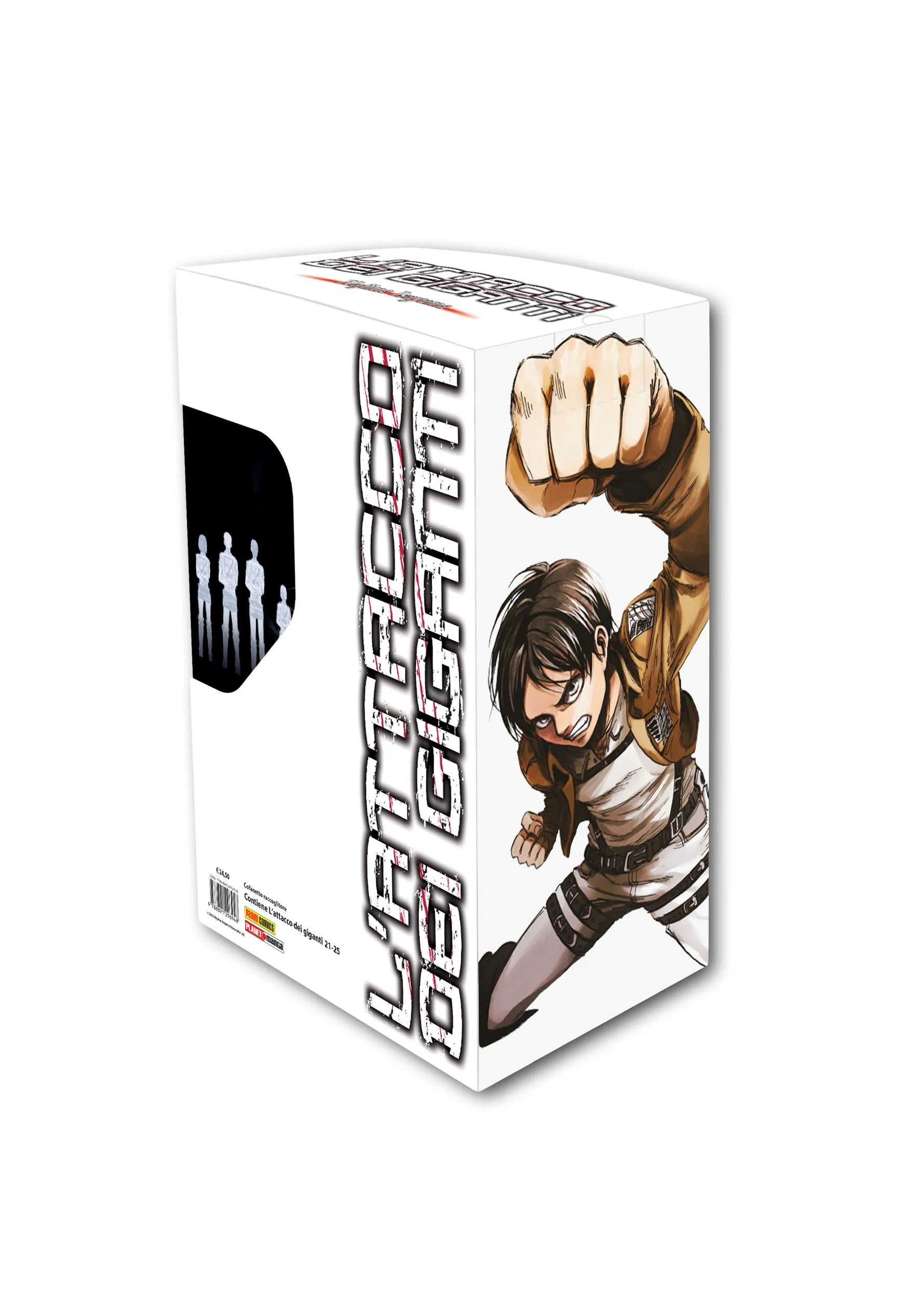 Cofanetto raccoglitore numero 5 del manga L'Attacco dei Giganti, edito da Panini Planet Manga, inquadrato di tre quarti. Il box, dal design prevalentemente bianco, mostra su un lato una dinamica illustrazione del protagonista Eren Jaeger, che indossa la sua uniforme scura e la giacca del Corpo di Ricerca con le cinghie dell'equipaggiamento tridimensionale. Eren è raffigurato in una posa d'attacco con un'espressione furiosa e determinata mentre sferra un potente pugno verso il lettore.