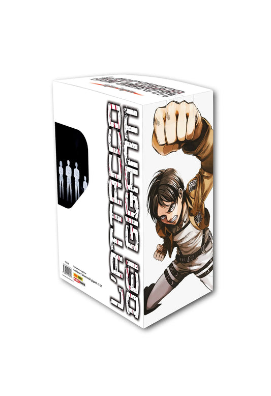 Cofanetto raccoglitore numero 5 del manga L'Attacco dei Giganti, edito da Panini Planet Manga, inquadrato di tre quarti. Il box, dal design prevalentemente bianco, mostra su un lato una dinamica illustrazione del protagonista Eren Jaeger, che indossa la sua uniforme scura e la giacca del Corpo di Ricerca con le cinghie dell'equipaggiamento tridimensionale. Eren è raffigurato in una posa d'attacco con un'espressione furiosa e determinata mentre sferra un potente pugno verso il lettore.
