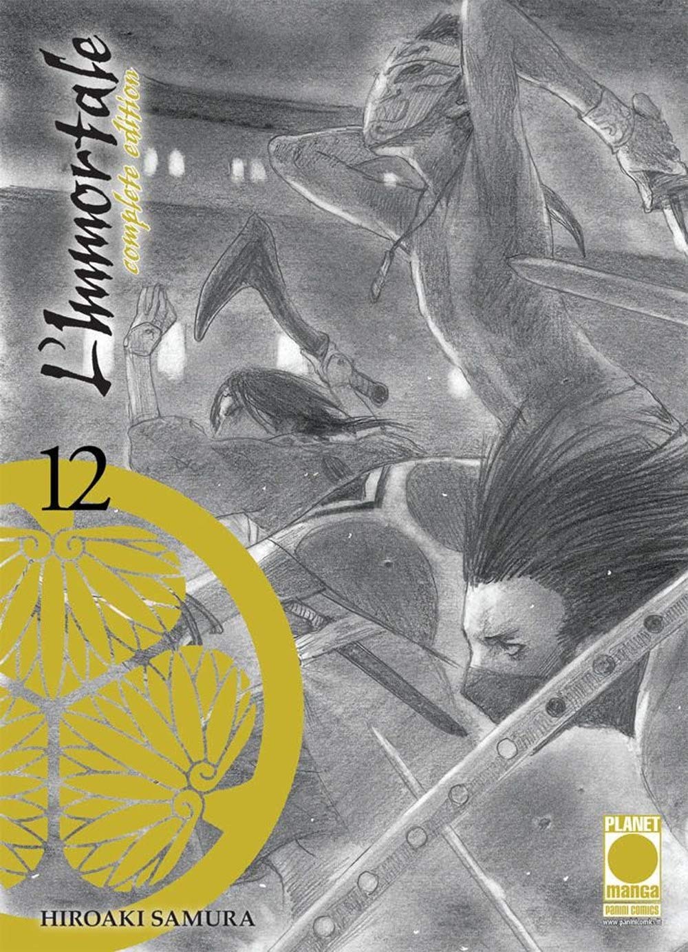 Copertina del manga L’Immortale Complete Edition volume 12 edito da Planet Manga; l'illustrazione di Hiroaki Samura ritrae un personaggio della serie in stile samurai.