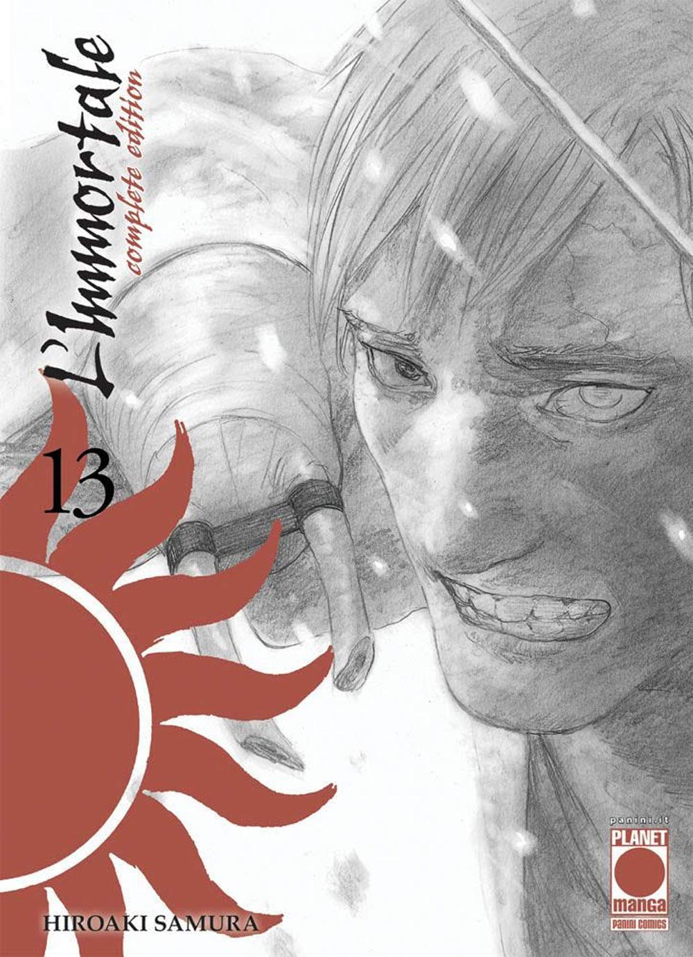 Copertina del manga L’Immortale Complete Edition volume 13 edito da Planet Manga; l'illustrazione, realizzata con il tratto graffiante e artistico di Hiroaki Samura, ritrae un personaggio della serie in un'atmosfera drammatica.