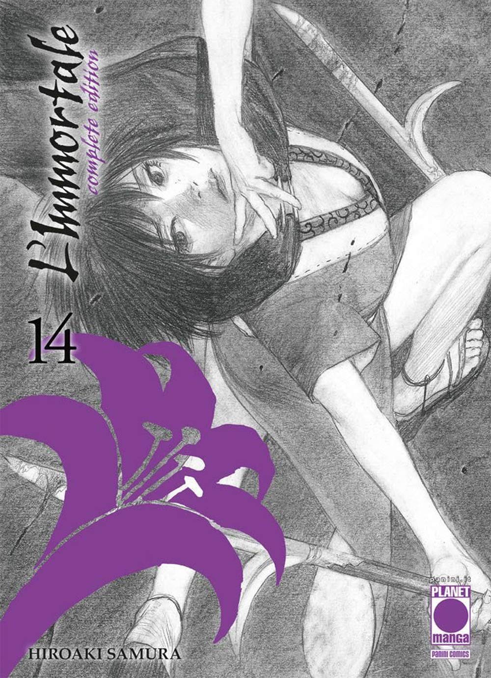 Copertina del manga L’Immortale Complete Edition volume 14 edito da Planet Manga; l'illustrazione di Hiroaki Samura ritrae un personaggio della serie in un'atmosfera intensa e drammatica.