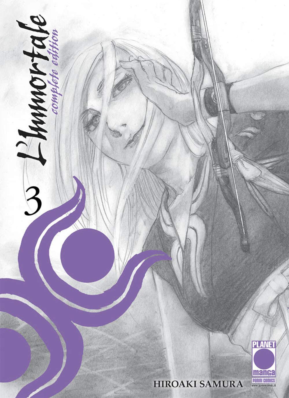 Copertina del manga L’Immortale Complete Edition volume 3 edito da Planet Manga; l'illustrazione inedita, realizzata con il tratto graffiante di Hiroaki Samura, ritrae un personaggio della serie in primo piano.