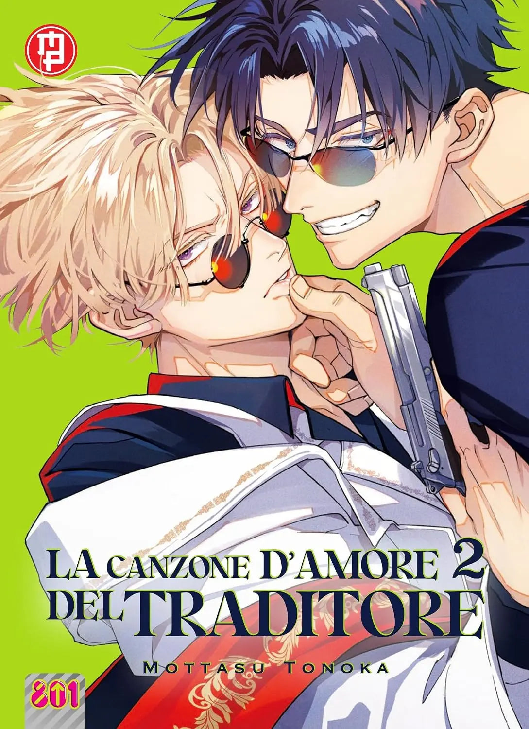 Copertina del secondo volume del manga La Canzone D'Amore del Traditore edito da Magic Press con due uomini vicini e una pistola.