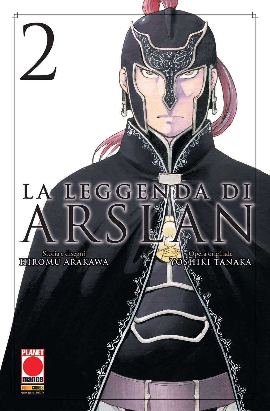 Copertina del manga La Leggenda di Arslan Vol. 2. L'illustrazione ritrae in primo piano un imponente e severo guerriero in armatura scura, con lo sguardo fiero rivolto in avanti. Indossa un elmo decorato e aderente che incornicia il volto, da cui spunta una lunga coda di cavallo rossastra. È avvolto in un mantello nero con eleganti rifiniture chiare e una spessa cintura bianca in vita. Al centro spicca il titolo "LA LEGGENDA DI ARSLAN", affiancato dai nomi di Hiromu Arakawa e Yoshiki Tanaka. In alto a sinis