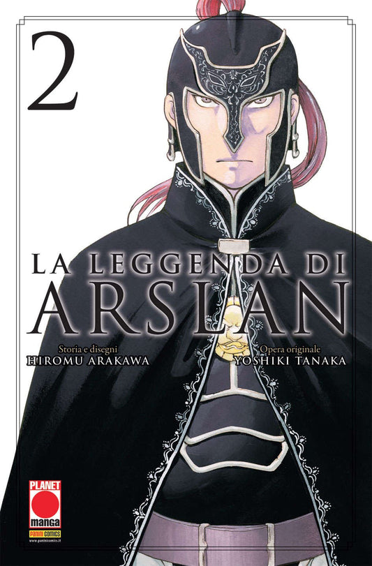 Copertina del manga La Leggenda di Arslan Vol. 2. L'illustrazione ritrae in primo piano un imponente e severo guerriero in armatura scura, con lo sguardo fiero rivolto in avanti. Indossa un elmo decorato e aderente che incornicia il volto, da cui spunta una lunga coda di cavallo rossastra. È avvolto in un mantello nero con eleganti rifiniture chiare e una spessa cintura bianca in vita. Al centro spicca il titolo "LA LEGGENDA DI ARSLAN", affiancato dai nomi di Hiromu Arakawa e Yoshiki Tanaka. In alto a sinis