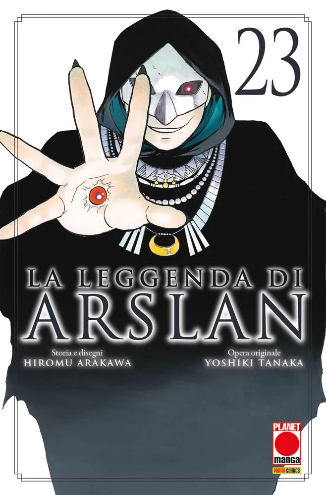 Copertina de La Leggenda di Arslan 23. Figura incappucciata con maschera bianca mostra una gemma rossa incastonata nel palmo della mano.