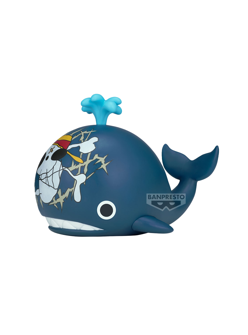 Figure in vinile morbido di Laboon da One Piece per la linea Sofvimates; la balena blu mostra il teschio dei pirati dipinto sulla fronte, cicatrici incrociate e uno spruzzo d'acqua azzurro sulla testa.