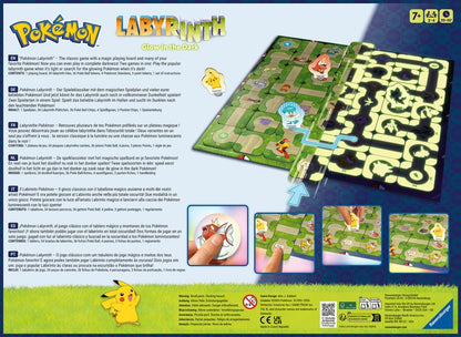 La scatola di Labyrinth Pokémon Glow in The Dark (Ravensburger), con Pikachu, Gengar e Eevee che sbirciano dagli angoli del labirinto magico, mentre i percorsi si illuminano di un verde fosforescente.