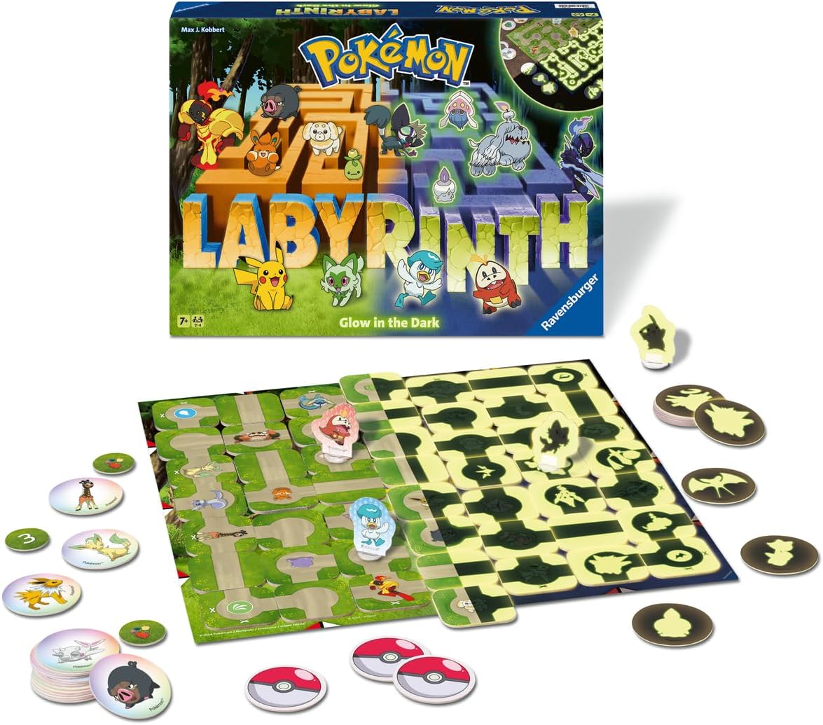 La scatola di Labyrinth Pokémon Glow in The Dark (Ravensburger), con Pikachu, Gengar e Eevee che sbirciano dagli angoli del labirinto magico, mentre i percorsi si illuminano di un verde fosforescente.