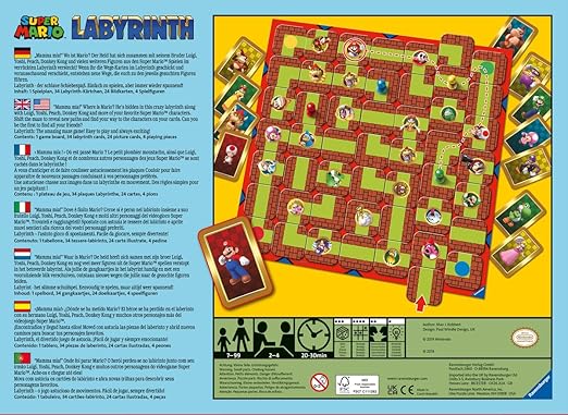 La scatola del gioco da tavolo Labyrinth Super Mario (Ravensburger), con Mario, Luigi, Peach e Yoshi che si muovono all'interno del labirinto magico sul tabellone.