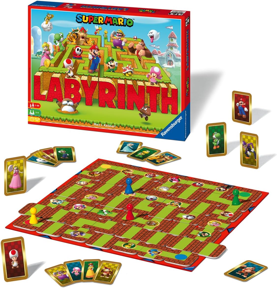 La scatola del gioco da tavolo Labyrinth Super Mario (Ravensburger), con Mario, Luigi, Peach e Yoshi che si muovono all'interno del labirinto magico sul tabellone.
