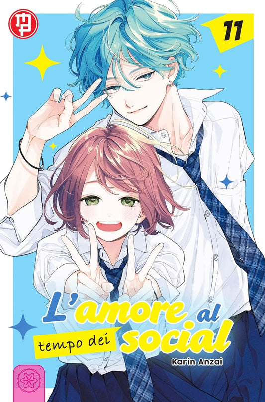 Copertina dell'undicesimo volume del manga L'Amore al Tempo dei Social, raffigurante due studenti in uniforme scolastica con camicia bianca e cravatta a quadri blu; in primo piano una ragazza con capelli corti rosati e dietro di lei un ragazzo con capelli azzurri, entrambi sorridenti mentre fanno il segno di pace con le dita.