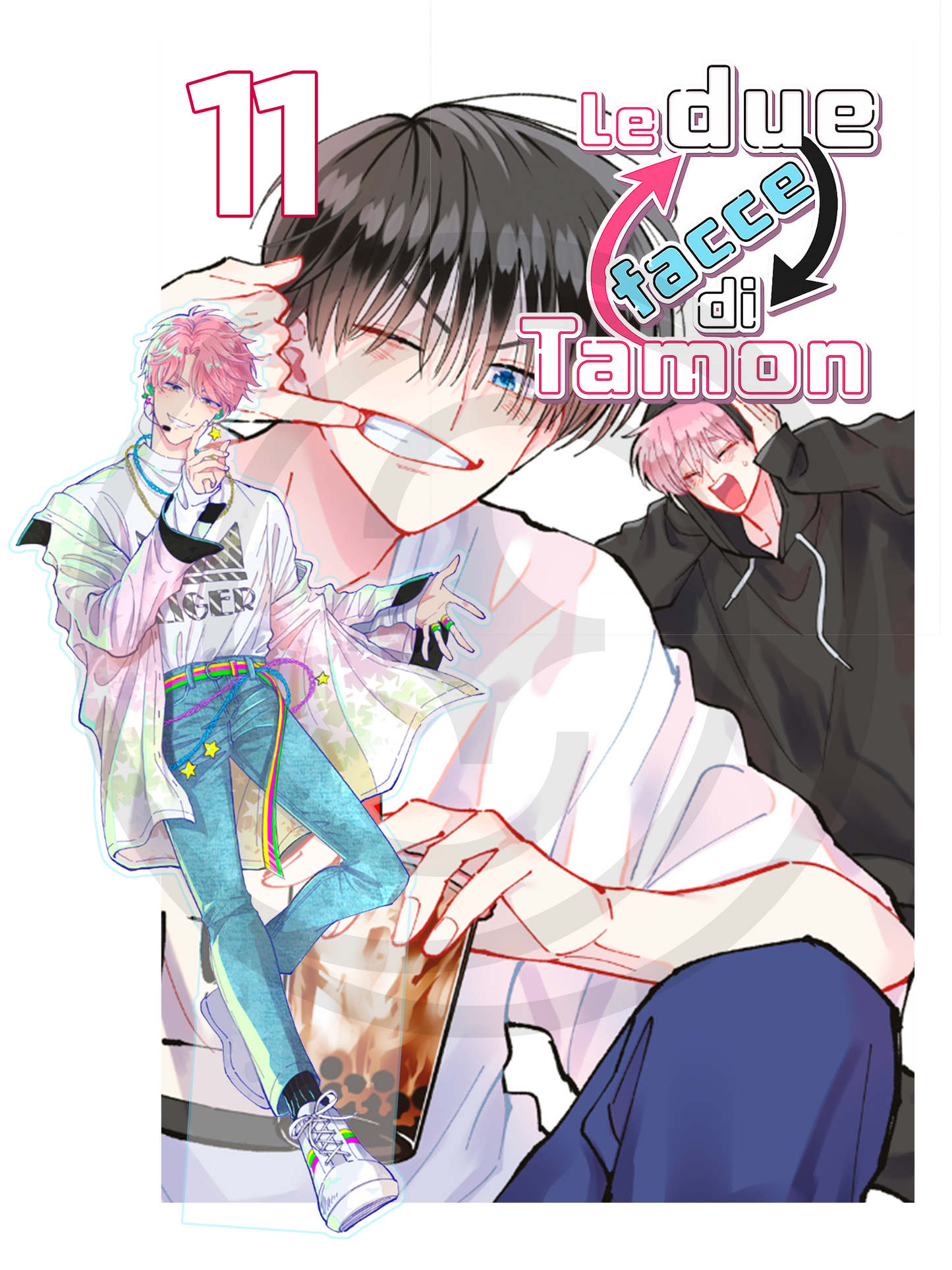 Copertina dell'undicesimo volume in edizione Deluxe del manga Le Due Facce di Tamon, caratterizzata da un ragazzo dai capelli scuri che beve un bubble tea e dall'esclusivo standino acrilico di Tamon a figura intera con capelli rosa e abiti moderni.