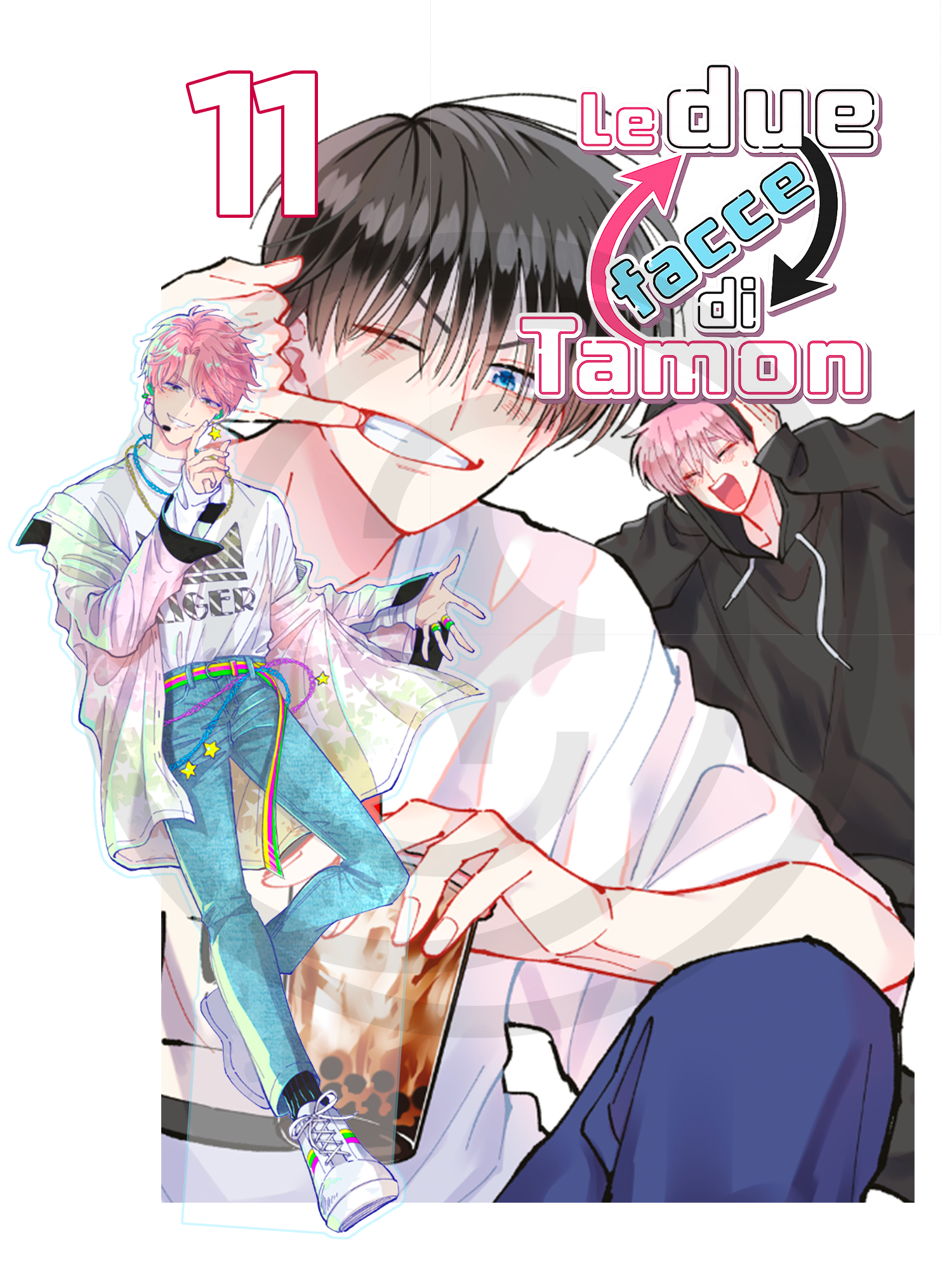 Copertina dell'undicesimo volume in edizione Deluxe del manga Le Due Facce di Tamon, caratterizzata da un ragazzo dai capelli scuri che beve un bubble tea e dall'esclusivo standino acrilico di Tamon a figura intera con capelli rosa e abiti moderni.