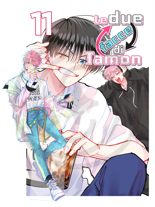 Copertina dell'undicesimo volume in edizione Deluxe del manga Le Due Facce di Tamon, caratterizzata da un ragazzo dai capelli scuri che beve un bubble tea e dall'esclusivo standino acrilico di Tamon a figura intera con capelli rosa e abiti moderni.