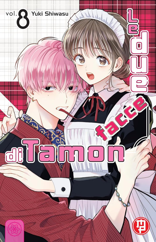 Copertina del manga Le Due Facce di Tamon volume 8. Utage, vestita da cameriera, guarda sorpresa Tamon, un affascinante ragazzo dai capelli rosa che la stringe a sé tenendo in bocca il nastro del suo grembiule.