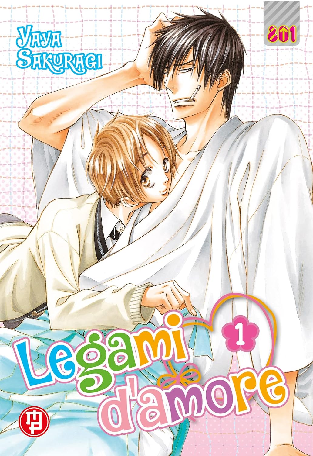 Copertina del primo volume in italiano del manga Boys' Love 'Legami D'Amore' di Yaya Sakuragi, edito da Magic Press per la collana 801. L'illustrazione su uno sfondo a quadretti chiari ritrae Ryoumei, un sacerdote dai capelli scuri in veste bianca con una sigaretta tra le labbra, disteso mentre il giovane Ao dai capelli castani chiari in maglione chiaro si appoggia affettuosamente al suo petto, sormontati dal nome dell'autrice Yaya Sakuragi in alto a sinistra, dal titolo LEGAMI D'AMORE in lettere colorate c
