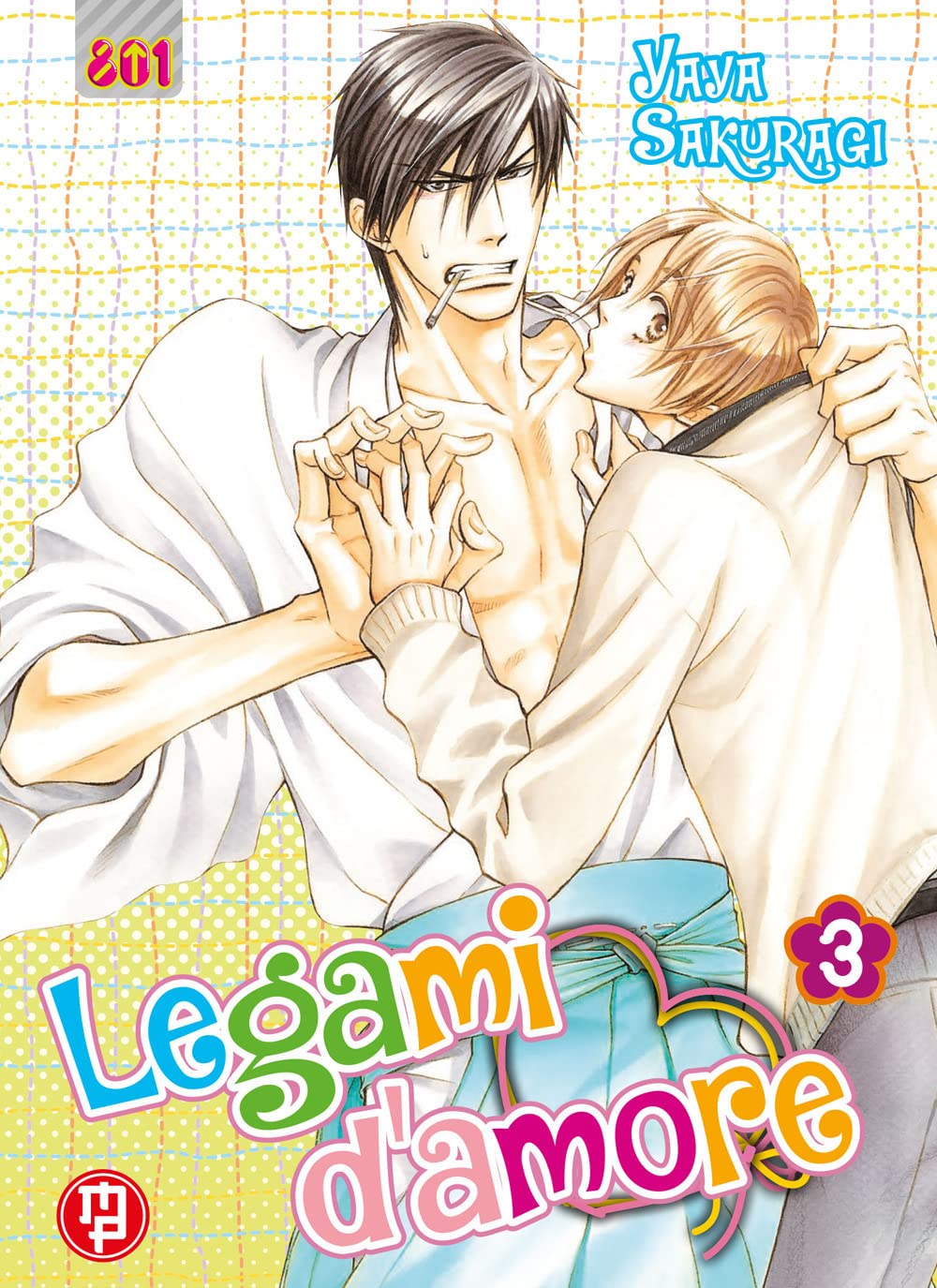 Copertina del terzo volume del manga Boys' Love 'Legami D'Amore' di Yaya Sakuragi, edito da Magic Press. L'illustrazione ritrae in primo piano il giovane Ao con capelli chiari mentre stringe il colletto dell'abito da sacerdote di Ryomei, uomo scuro di capelli con una sigaretta tra le labbra e il kimono bianco aperto sul petto, sormontati dal nome dell'autrice Yaya Sakuragi e dal titolo 'Legami d'amore' con il numero 3 in un fiore rosa a destra.