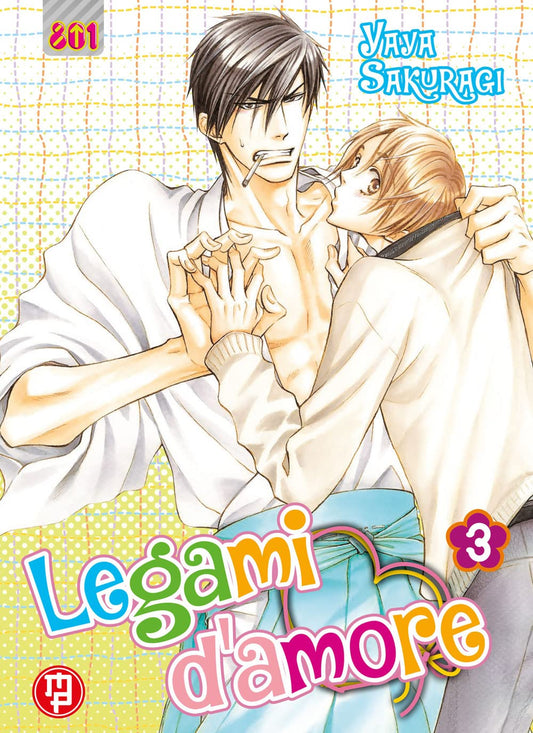 Copertina del terzo volume del manga Boys' Love 'Legami D'Amore' di Yaya Sakuragi, edito da Magic Press. L'illustrazione ritrae in primo piano il giovane Ao con capelli chiari mentre stringe il colletto dell'abito da sacerdote di Ryomei, uomo scuro di capelli con una sigaretta tra le labbra e il kimono bianco aperto sul petto, sormontati dal nome dell'autrice Yaya Sakuragi e dal titolo 'Legami d'amore' con il numero 3 in un fiore rosa a destra.