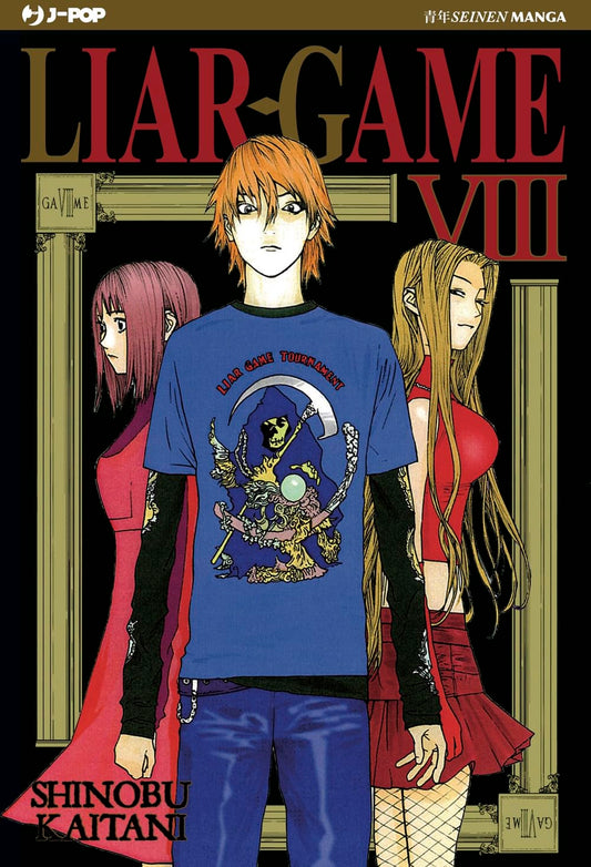 Copertina del manga Liar Game Nuova Edizione volume 8. In primo piano un ragazzo con una maglietta blu raffigurante il tristo mietitore, affiancato da Nao Kanzaki e un'altra ragazza tra due colonne classiche.
