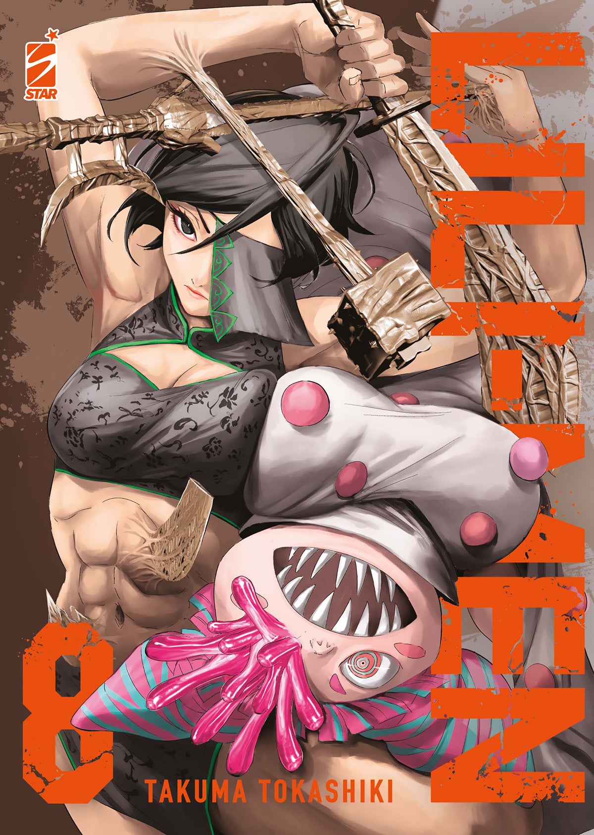 Copertina Lili-Men 8. Guerriera muscolosa in abito cinese scuro che brandisce lame d'osso sopra una creatura rosa con denti affilati.