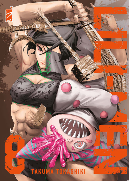 Copertina Lili-Men 8. Guerriera muscolosa in abito cinese scuro che brandisce lame d'osso sopra una creatura rosa con denti affilati.