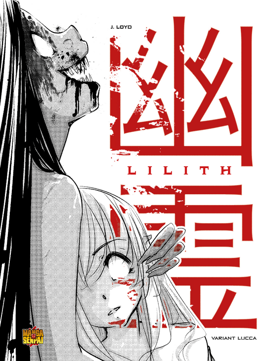Copertina del manga 'Lilith Variant Lucca' (Manga Senpai) con creatura mostruosa sanguinante e ragazza spaventata.   