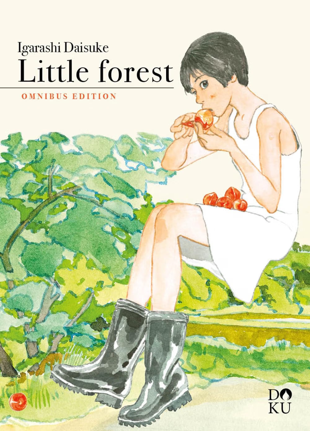 Copertina del manga 'Little Forest Omnibus Edition' di Daisuke Igarashi, edito da Coconino Press (collana Doku). L'illustrazione ad acquarello ritrae in uno stile delicato la protagonista Ichiko con stivali di gomma neri e abito bianco mentre mangia un frutto e ne tiene altri sulle gambe seduta in mezzo al verde della natura, affiancata dal titolo 'Little forest OMNIBUS EDITION', dal nome dell'autore 'Igarashi Daisuke' in alto e dal logo DOKU in basso a destra.   