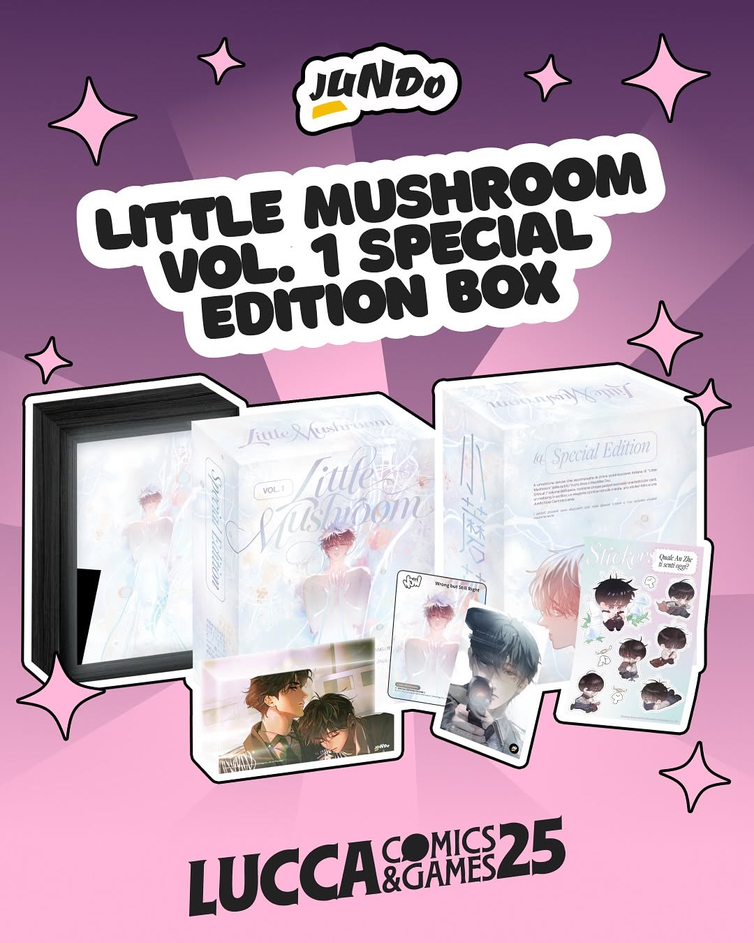 Il ricco contenuto del box Little Mushroom Special Edition Vol. 1, con il volume variant al centro, circondato dalla cornice retroilluminata accesa, il blocco in acrilico di An Zhe e Lu Feng e gli altri gadget esclusivi.