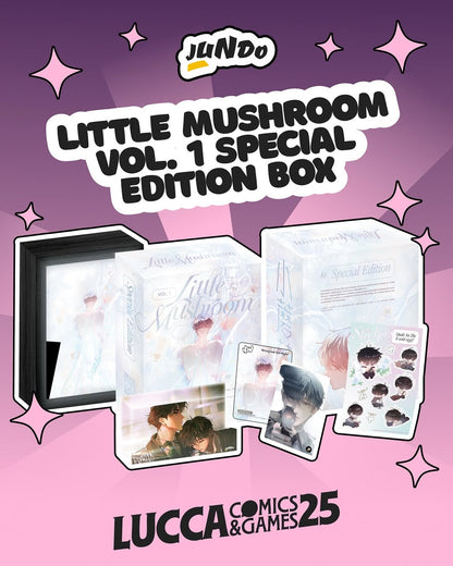 Il ricco contenuto del box Little Mushroom Special Edition Vol. 1, con il volume variant al centro, circondato dalla cornice retroilluminata accesa, il blocco in acrilico di An Zhe e Lu Feng e gli altri gadget esclusivi.